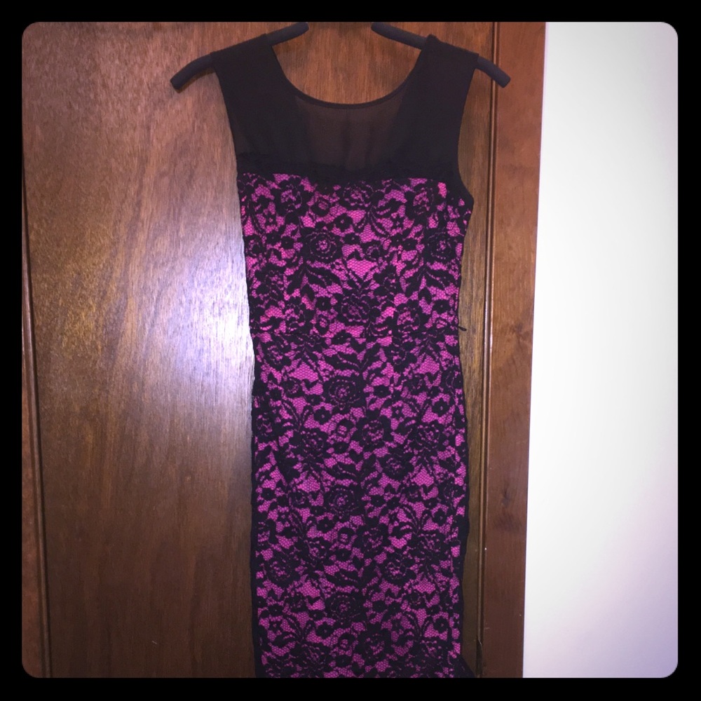 Elegant pink with black lace overlay dress